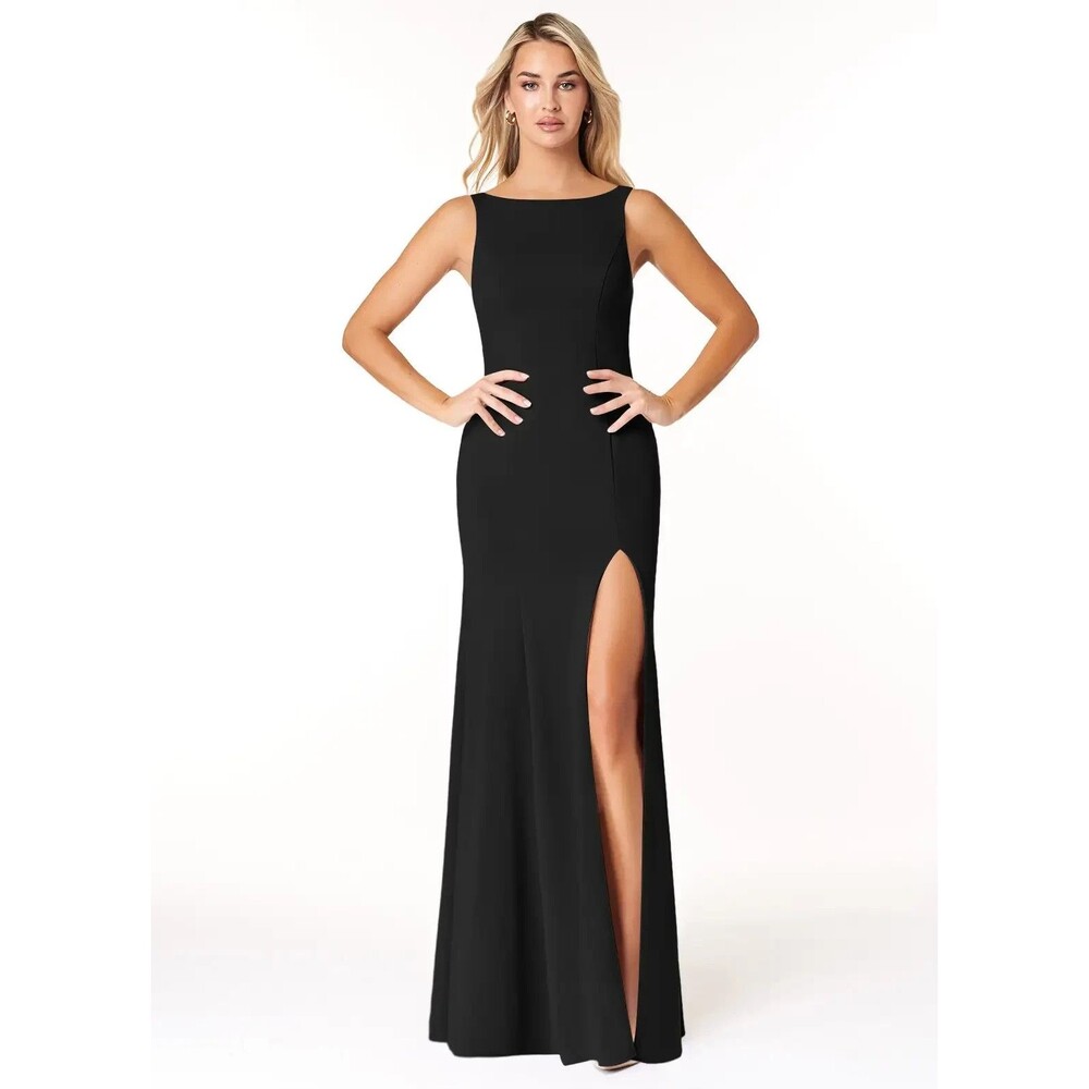 Azazie Black Rogue boat Neck Mermaid Dress Side Slit Formal Bridesmaid Size 6